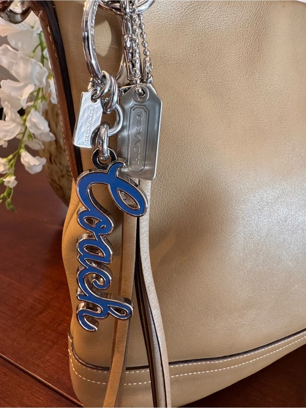 Coach Beige Leather Shoulder Bag with Coach Charm - Picture 8 of 10
